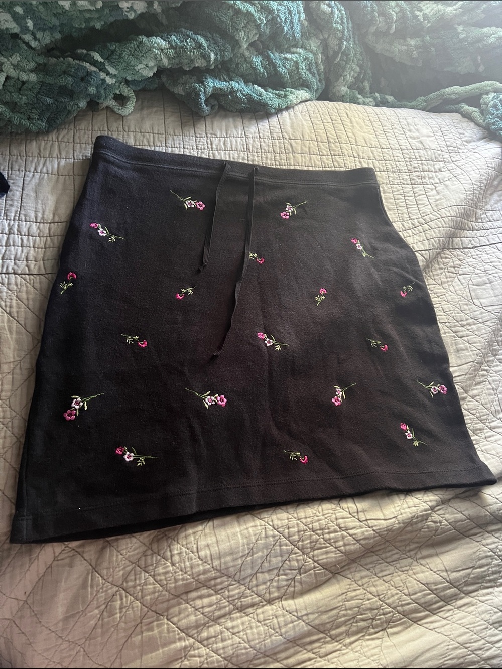 Express Black Mini Skirt with Pink Floral Embroidery